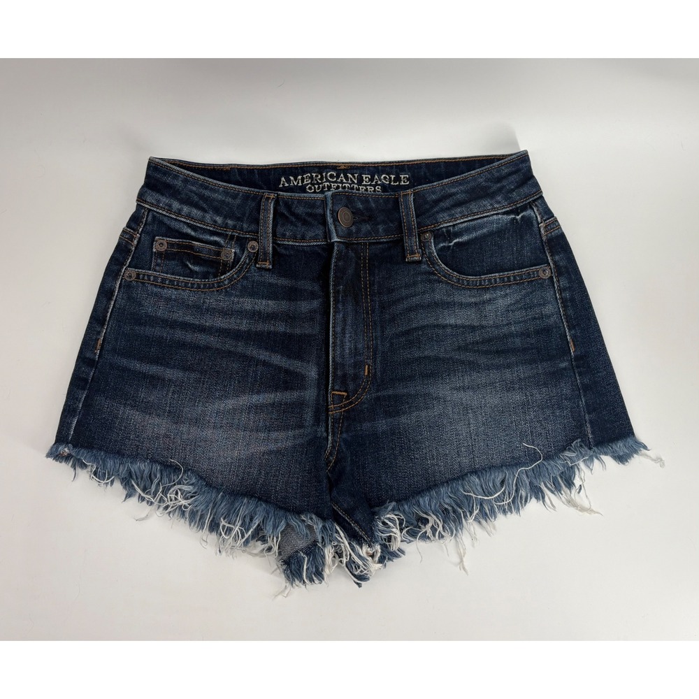 American Eagle Vintage Hi-Rise Festival Denim Shorts Dark Wash Frayed Hem Size 0